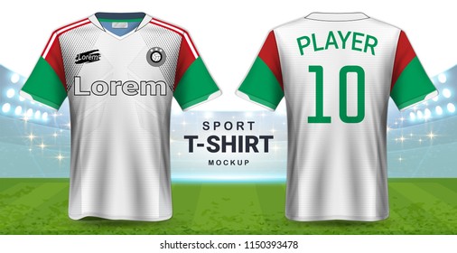 Soccer Jersey and Sportswear T-Shirt Mockup Template, Realistic Graphic Design Front and Back View for Football Kit Uniforms, Easy Possibility to Apply Your Artwork, Text, Image, Logo  (Eps10 Vector)