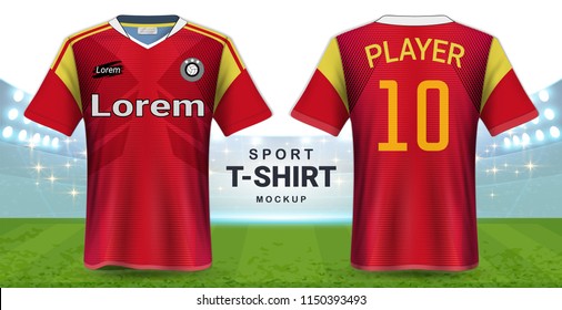 Soccer Jersey and Sportswear T-Shirt Mockup Template, Realistic Graphic Design Front and Back View for Football Kit Uniforms, Easy Possibility to Apply Your Artwork, Text, Image, Logo  (Eps10 Vector)