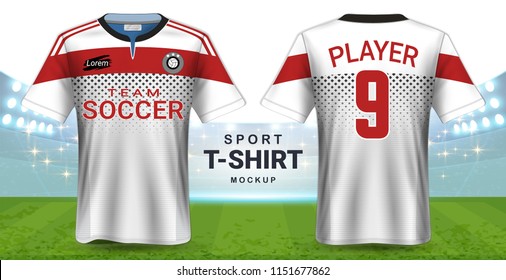Soccer Jersey and Sportswear T-Shirt Mockup Template, Realistic Graphic Design Front and Back View for Football Kit Uniforms, Easy Possibility to Apply Your Artwork, Text, Image, Logo (Eps10 Vector)
