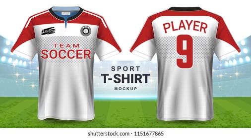 Soccer Jersey and Sportswear T-Shirt Mockup Template, Realistic Graphic Design Front and Back View for Football Kit Uniforms, Easy Possibility to Apply Your Artwork, Text, Image, Logo (Eps10 Vector)