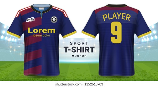 Soccer Jersey and Sportswear T-Shirt Mockup Template, Realistic Graphic Design Front and Back View for Football Kit Uniforms, Easy Possibility to Apply Your Artwork, Text, Image, Logo (Eps10 Vector)