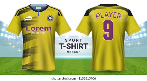 Soccer Jersey and Sportswear T-Shirt Mockup Template, Realistic Graphic Design Front and Back View for Football Kit Uniforms, Easy Possibility to Apply Your Artwork, Text, Image, Logo (Eps10 Vector)