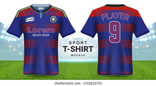 Soccer Jersey and Sportswear T-Shirt Mockup Template, Realistic Graphic Design Front and Back View for Football Kit Uniforms, Easy Possibility to Apply Your Artwork, Text, Image, Logo (Eps10 Vector)