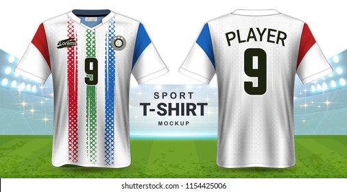 Soccer Jersey and Sportswear T-Shirt Mockup Template, Realistic Graphic Design Front and Back View for Football Kit Uniforms, Easy Possibility to Apply Your Artwork, Text, Image, Logo (Eps10 Vector)