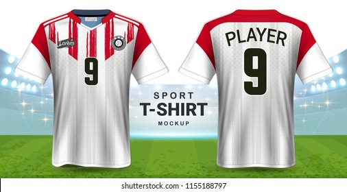 Soccer Jersey and Sportswear T-Shirt Mockup Template, Realistic Graphic Design Front and Back View for Football Kit Uniforms, Easy Possibility to Apply Your Artwork, Text, Image, Logo (Eps10 Vector)