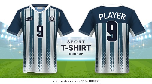 Soccer Jersey and Sportswear T-Shirt Mockup Template, Realistic Graphic Design Front and Back View for Football Kit Uniforms, Easy Possibility to Apply Your Artwork, Text, Image, Logo (Eps10 Vector)
