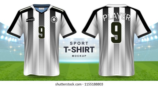 Soccer Jersey and Sportswear T-Shirt Mockup Template, Realistic Graphic Design Front and Back View for Football Kit Uniforms, Easy Possibility to Apply Your Artwork, Text, Image, Logo (Eps10 Vector)