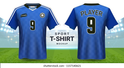 Soccer Jersey and Sportswear T-Shirt Mockup Template, Realistic Graphic Design Front and Back View for Football Kit Uniforms, Easy Possibility to Apply Your Artwork, Text, Image, Logo (Eps10 Vector)