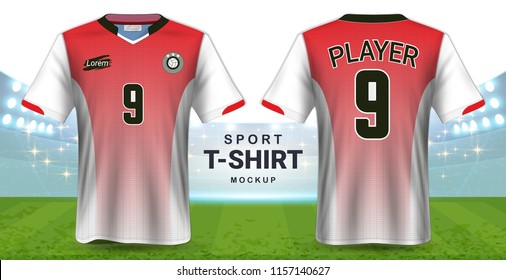 Soccer Jersey and Sportswear T-Shirt Mockup Template, Realistic Graphic Design Front and Back View for Football Kit Uniforms, Easy Possibility to Apply Your Artwork, Text, Image, Logo (Eps10 Vector)