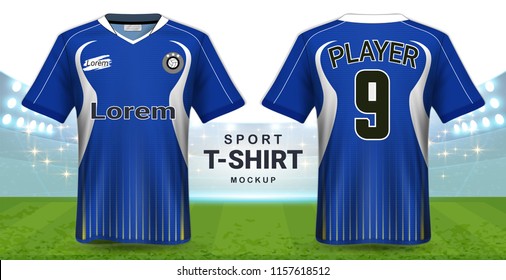 Soccer Jersey and Sportswear T-Shirt Mockup Template, Realistic Graphic Design Front and Back View for Football Kit Uniforms, Easy Possibility to Apply Your Artwork, Text, Image, Logo (Eps10 Vector)