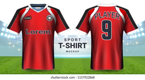 Soccer Jersey and Sportswear T-Shirt Mockup Template, Realistic Graphic Design Front and Back View for Football Kit Uniforms, Easy Possibility to Apply Your Artwork, Text, Image, Logo (Eps10 Vector)