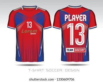 Soccer jersey template. Blue color and red layout football sport t-shirt design.  Soccer kit national team shirt mock up.