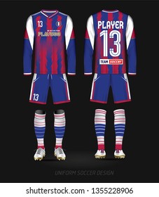 Soccer jersey template. Blue color and Red layout football sport t-shirt design.  Soccer kit national team shirt mock up.