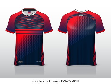 Plantilla de jersey de fútbol vista frontal y posterior uniforme, color azul oscuro rojo