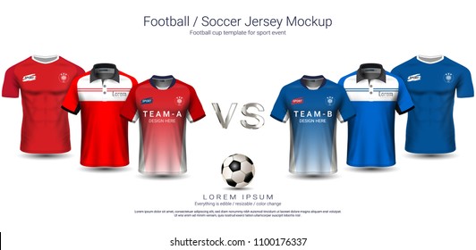 Soccer jersey and t-shirt sport mockup template team A vs team B, Graphic design for football kit or active wear uniforms, You can choose between 3 types of neck and can change all design parts.