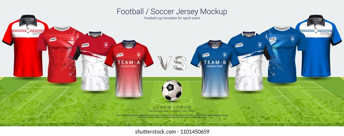 Soccer jersey and t-shirt sport mockup template team A vs team B, Graphic design for football kit or active wear uniforms, You can choose between 4 types of neck and can change all design parts.