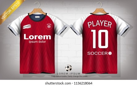 Soccer jersey and t-shirt sport mockup template, Graphic design for football kit or activewear uniforms, Ready for customize logo and name, Easily to change colors and lettering styles in your team.