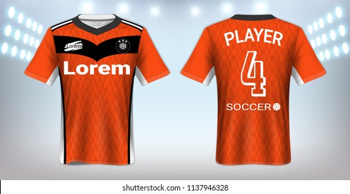 Soccer Jersey and T-Shirt Sport Mockup Template, Graphic Design for Football Kit Uniforms, Ready for Customize Logo and Name, Easily to Change Colors and Lettering Styles in Your Team (Eps10 Vector)