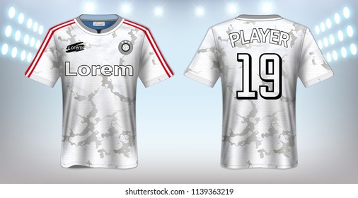 Soccer Jersey and T-Shirt Sport Mockup Template, Graphic Design for Football Kit Uniforms, Ready for Customize Logo and Name, Easily to Change Colors and Lettering Styles in Your Team (Eps10 Vector)