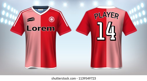 Soccer Jersey and T-Shirt Sport Mockup Template, Graphic Design for Football Kit Uniforms, Ready for Customize Logo and Name, Easily to Change Colors and Lettering Styles in Your Team (Eps10 Vector)