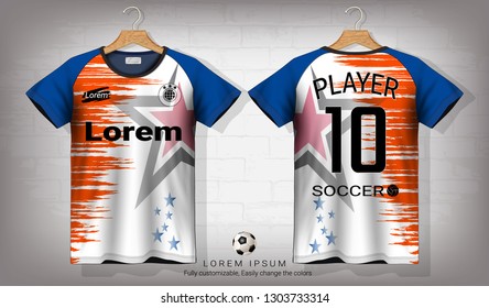 Soccer jersey and t-shirt sport mockup template, Graphic design for football kit or activewear uniforms, Ready for customize logo and name, Easily to change colors and lettering styles in your team.