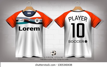 Soccer jersey and t-shirt sport mockup template, Graphic design for football kit or activewear uniforms, Ready for customize logo and name, Easily to change colors and lettering styles in your team.