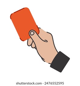 A soccer judge holds a red card in his hand. A football referee shows a symbol for removing a player or coach from the game. Sign of violation of the rules of the match. Sports competition clipart