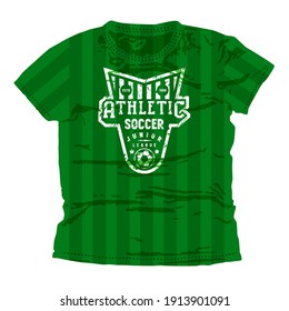 Soccer junior league emblem. Graphic design for t-shirt. White print on green wear