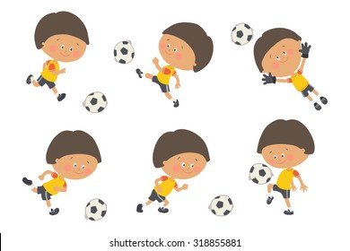 Soccer kid set. Cute asian boy playing football in yellow, red and black sport uniform. Goalkeeper catching a soccer ball.  Cartoon vector eps 10 illustration on white background. Flat colors