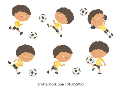 Soccer kid set. Cute boy playing football in yellow and black sport uniform. Goalkeeper catching a soccer ball.  Cartoon vector eps 10 illustration on white background. Flat colors.