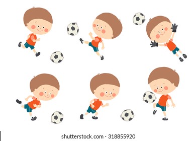 Soccer kid set. Cute caucasian boy playing football in red and blue sport uniform. Goalkeeper catching a soccer ball.  Cartoon vector eps 10 illustration on white background. Flat colors.