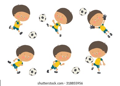 Soccer kid set. Cute little boy playing football in yellow and blue sport uniform. Goalkeeper catching a soccer ball.  Cartoon vector eps 10 illustration on white background. Flat colors.