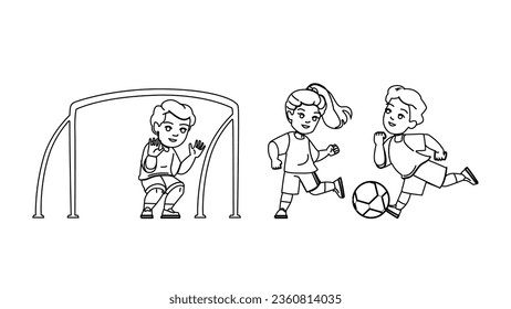 soccer kid vector. football child, boy ball, sport grass, player game, field activity soccer kid character. people black line illustration