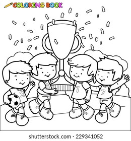 Soccer kids players holding the championship trophy. Vector black and white coloring page.