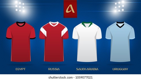 Soccer kit or football jersey template design for national football team. Front view soccer uniform mock up on dot pattern background. Football t-shirt for world soccer tournament. Vector Illustration