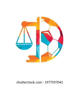 Soccer law vector logo design. Soccer ball and law balance icon design.
