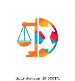 Soccer law vector logo design. Soccer ball and law balance icon design.