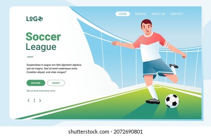 Soccer league banner image illustration template, young man ready to kick soccer ball in the field. used for landing page, banner image and other