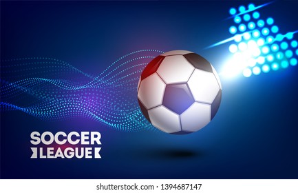 Soccer League banner or poster design with football on blue futuristic technology background. 
