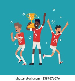 Soccer league champions concept vector illustration with soccer team players celebrating golden cup they just won. Cheerful football trophy winning