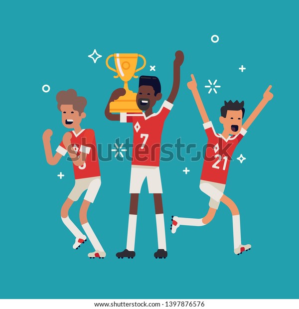 サッカーリーグ優勝者のコンセプトベクターイラスト 今優勝したばかりの金杯を祝うサッカーチームの選手たちと一緒 快活なサッカーのトロフィー優勝 のベクター画像素材 ロイヤリティフリー