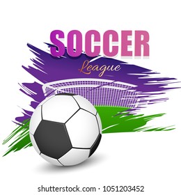 Soccer League concept with goal post, soccer ball, playing ground. Grunge background.