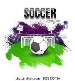 Soccer League concept with goal post, soccer ball, playing ground. Grunge background.