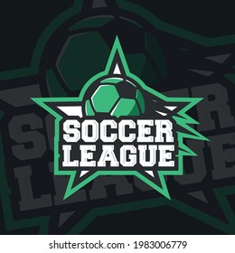 Soccer League logo, emblem. Soccer modern logo with star and soccer, football ball. Badge template for championship, soccer team, fantasy football league. Vector illustration