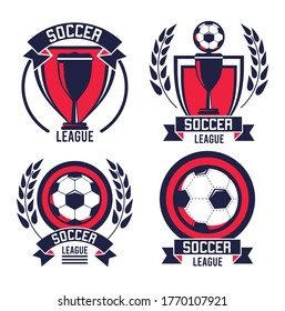 soccer league sport poster with balloons and trophy cups vector illustration design