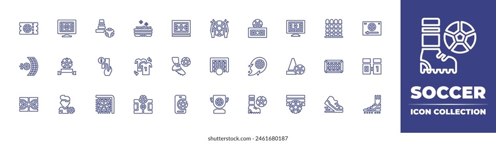 Soccer line icon collection. Editable stroke. Vector illustration. Containing soccer, soccer ball, trophy, football field, smartphone, football player, goal, yellow card, training, shirt, football.
