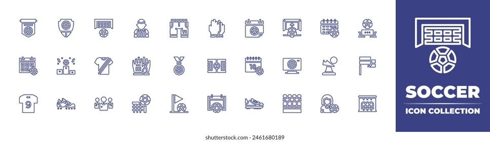 Soccer line icon collection. Editable stroke. Vector illustration. Containing football uniform, team, soccer jersey, soccer, winner, schedule, football player, football field, gloves, football shoes.