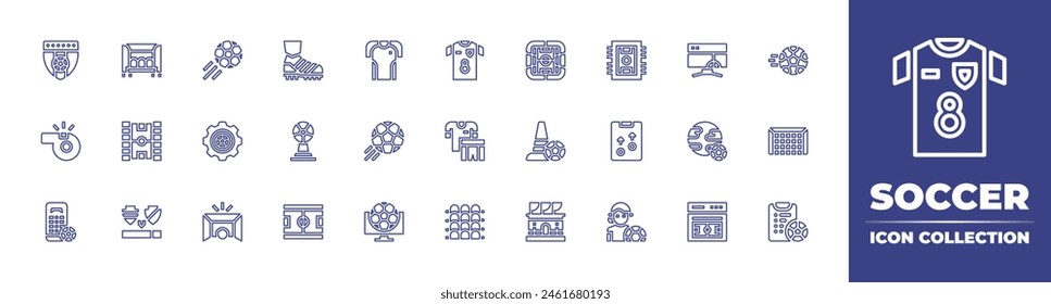 Soccer line icon collection. Editable stroke. Vector illustration. Containing football, training, soccer, soccer field, goal, football field, whistle, world cup, teacher, possesion, live streaming.