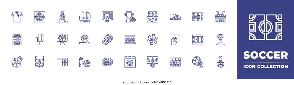 Soccer line icon collection. Editable stroke. Vector illustration. Containing sport, tactics, soccer field, soccer, shot, football, gambling, bench, calendar, card, water bottle, red card, seats.