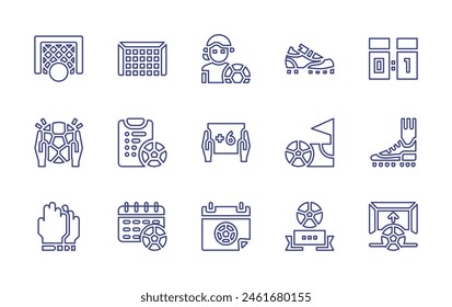 Soccer line icon set. Editable stroke. Vector illustration. Containing score board, goalie, soccer, add time, football shoes, teacher, corner, goal, schedule, football badge, calendar, gloves.